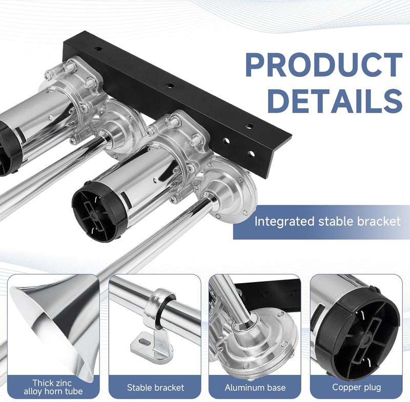 FARBIN Dual Trumpet Air Horn, 12V Train Horn for Truck with 2 Air Compressors,178dB Loud Horns for Any 12V Vehicles Trucks Pickups SUV Lorrys Boats (Silver Integrated Trumpet with Button) - Image 5